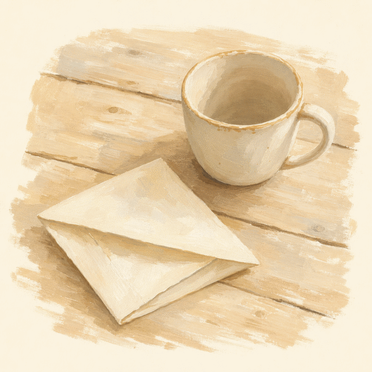 Une lampe et une tasse posées sur une table le soir