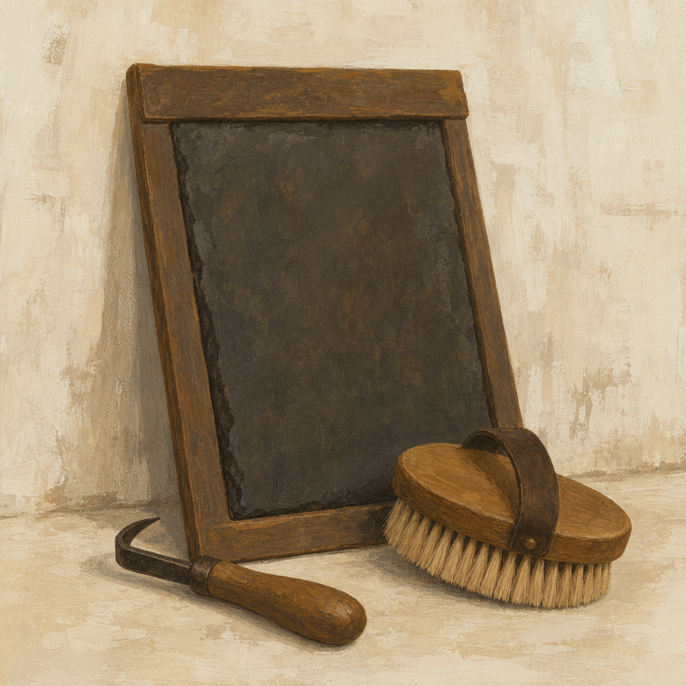 Une ardoise d'écurie et une brosse de pansage